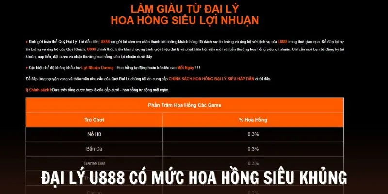 Mức hoa hồng từ đại lý U888 là siêu khủng